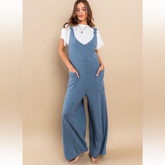36 Brushed Ribbed Knit Knot Strap Wide Leg Jumpsuit - Picture 3 of 5